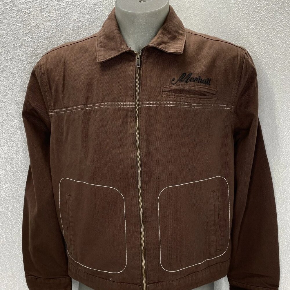 Mechali Men’s Jacket Coffee Brown Size S Contrast Stitch Worker Style Full Zip